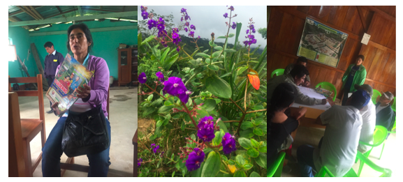 A socia talking about her Cuaderno (left) Beautiful flower outside the meeting room (center) Lovely Jennifer facilitating Community Asset Mapping (right) 